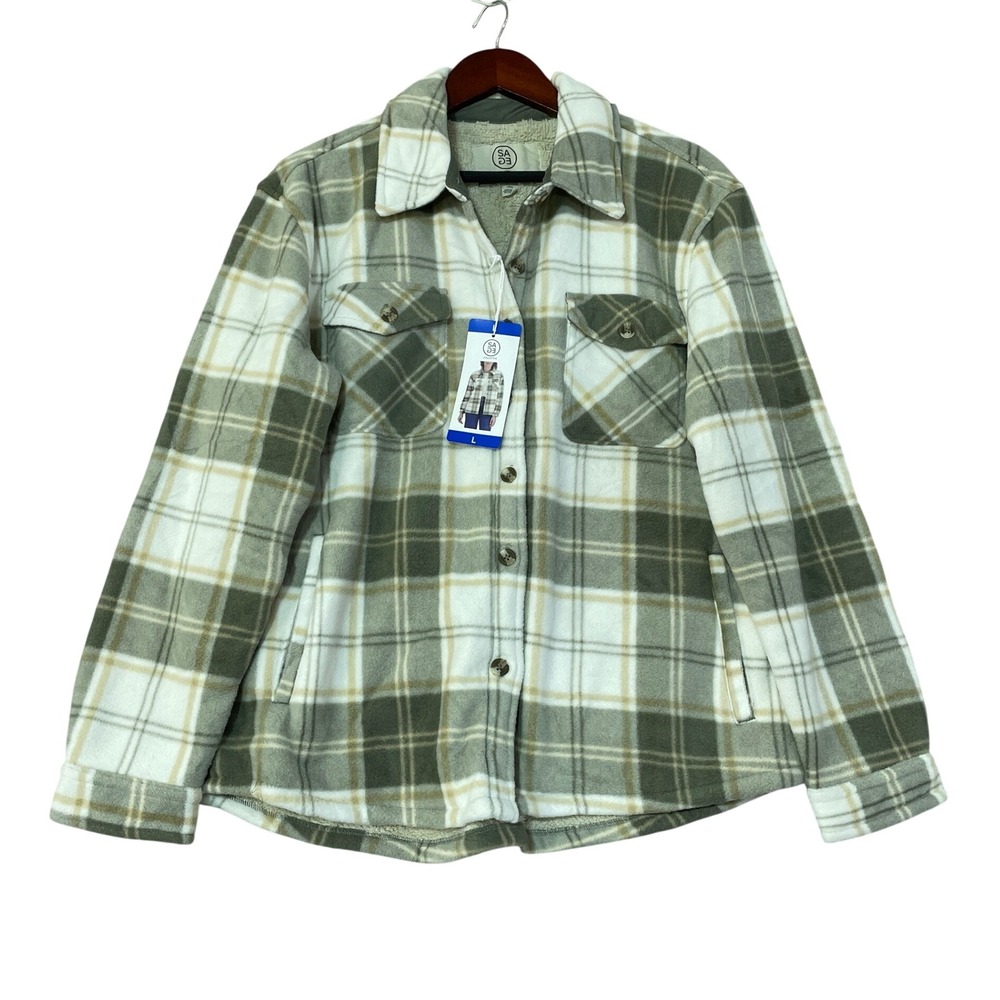NWT SAGE Collective Women's L Green Plaid Faux Fur Lined Shacket Jacket